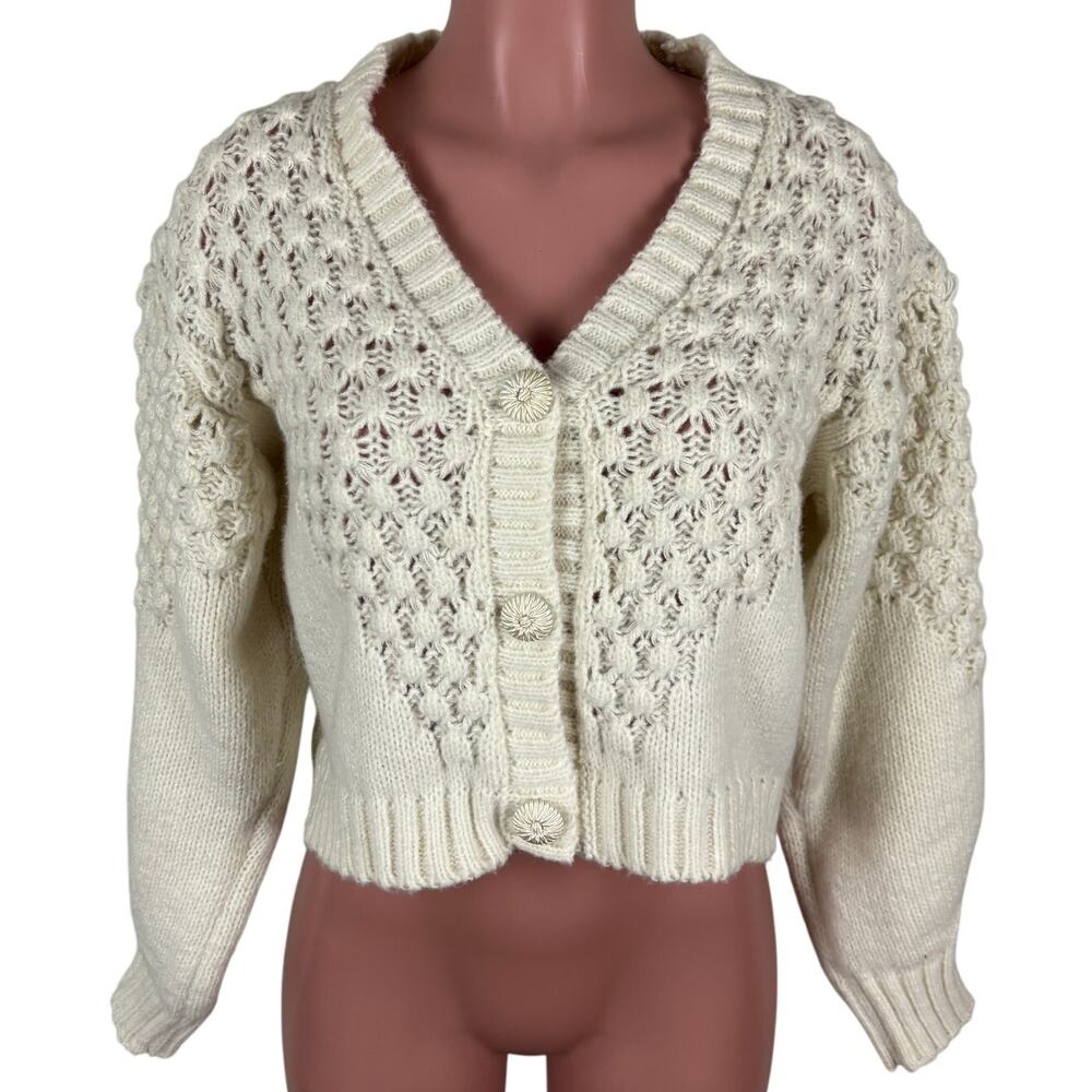 Vita Grace Chunky Knit Cropped Cardigan Sweater Cream Oversized cottage